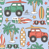 various cartoon-style illustrations related to beach and surfing themes, including a green jeep, a surfboard, sunglasses, palm trees, and other beach-related objects.