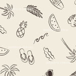various stylized illustrations of tropical fruits, such as pineapple, watermelon, and palm leaves, along with other beach-related objects like a surfboard and sunglasses.