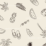 various stylized illustrations of tropical fruits, such as pineapple, watermelon, and palm leaves, along with other beach-related objects like a surfboard and sunglasses.