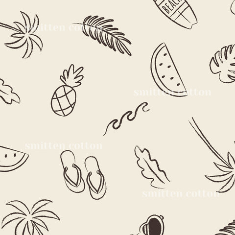 various stylized illustrations of tropical fruits, such as pineapple, watermelon, and palm leaves, along with other beach-related objects like a surfboard and sunglasses.