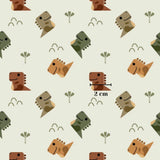 a repeating pattern of stylized dinosaur heads in various shades of brown, green, and orange, along with small palm tree silhouettes and a scale indicating the size of the dinosaurs in centimeters.