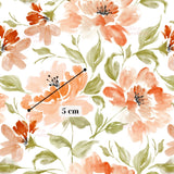 The image is a repeating pattern of watercolor flowers in shades of orange and green, with a ruler indicating the size of the flowers.