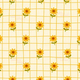 a repeating pattern of yellow sunflowers with green leaves against a white background with a grid-like pattern.