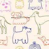 a variety of colorful, hand-drawn animal illustrations, including dogs, cats, and other creatures. The illustrations are drawn in a simple, cartoon-like style, with varying colors and shapes. The image does not contain any text or specific details about the animals or their actions.