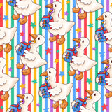 The image is a repeating pattern of cartoon ducks holding juice boxes and drinking from straws against a background of colorful stripes and stars.