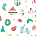 various Christmas-themed objects, including a Christmas tree, stockings, ornaments, a snowman, candy canes, a wreath, a gift, and mittens.
