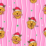 a repeating pattern of cartoon dog faces wearing Santa hats and holding candy canes against a pink background with white stripes and stars.