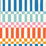 a checkered pattern with orange, blue, and pink squares