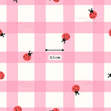 a repeating pattern of pink and white checkered squares, each containing a red ladybug. The pattern is composed of multiple smaller images, creating a visually cohesive and playful design.