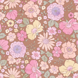 a brown background with pink, yellow, and blue flowers