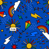 The image is a vibrant and colorful pattern featuring various geometric shapes, such as rainbows, lightning bolts, stars, and suns, all set against a bright blue background.