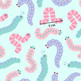 a pattern of colorful caterpillars or worms on a light blue background. The caterpillars have various colors and sizes, creating a visually appealing and playful design.