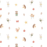 a repeating pattern of various cute and whimsical animal characters, including a rabbit, a bear, a hedgehog, a cat, a dog, a rabbit, a mouse, a squirrel, and a bird, along with some decorative elements such as stars, leaves, and ornaments.