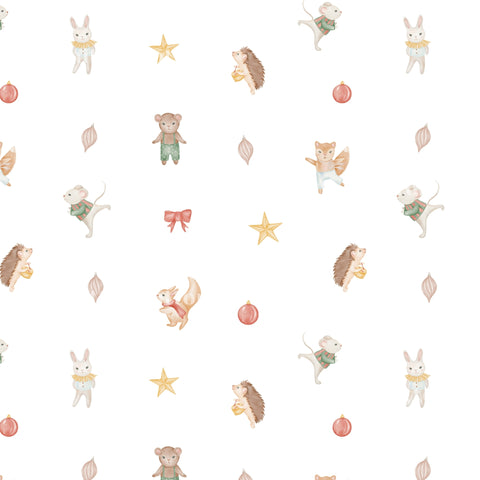 a repeating pattern of various cute and whimsical animal characters, including a rabbit, a bear, a hedgehog, a cat, a dog, a rabbit, a mouse, a squirrel, and a bird, along with some decorative elements such as stars, leaves, and ornaments.