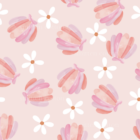 a pattern of pink and white flowers on a pink background