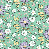 The image is a repeating pattern of various flowers and leaves in different colors, including white, purple, and yellow, against a light green background.