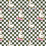 a repeating pattern of cartoon ducks riding skateboards on a checkered background.
