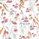 The image is a repeating pattern of various watercolor flowers and leaves in shades of pink, green, and brown. The pattern is set against a white background, and there is a measurement line indicating the size of the pattern in centimeters.