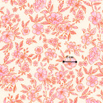 a repeating pattern of pink flowers and leaves on a light beige background.
