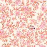 a repeating pattern of pink flowers and leaves on a light beige background.