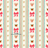 a repeating pattern of red bows, green leaves, and gold stars on a white background. The pattern is composed of vertical stripes, and the image is approximately 3 centimeters wide.
