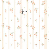 a repeating pattern of pink flowers and green leaves on vertical stripes. The pattern is composed of vertical lines and small flowers, creating a visually appealing and harmonious design.