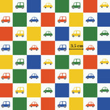 The image is a repeating pattern of various colored cars and trucks, arranged in a grid-like layout.