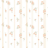 a repeating pattern of pink flowers and green leaves on vertical stripes.