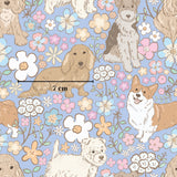 The image is a repeating pattern of various dog breeds, including a Corgi, a Dachshund, and a Poodle, surrounded by colorful flowers and foliage.