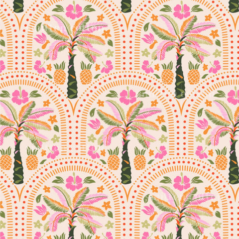 The image is a repeating pattern of tropical elements, including palm trees, flowers, and fruits, arranged in a circular or radial design.