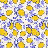 a repeating pattern of yellow lemons and purple leaves on a light background.