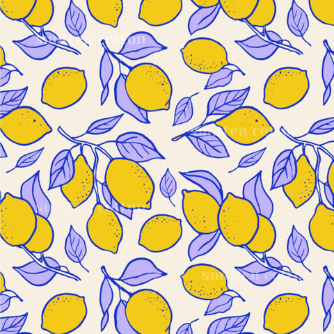 a repeating pattern of yellow lemons and purple leaves on a light background.