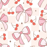 a pink bow and cherries pattern on a white background