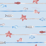 a repeating pattern of various fish and starfish on a light blue background.