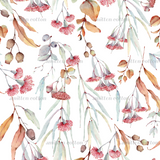 The image is a repeating pattern of various watercolor flowers and leaves in shades of pink, green, and brown.