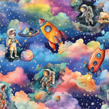 The image is a vibrant and whimsical collage featuring a variety of space-themed elements, including planets, stars, and rocket ships. The scene is filled with a sense of wonder and adventure, with the planets and stars creating a cosmic backdrop for the space explorers. The rocket ships, with their bright colors and dynamic shapes, add a sense of movement and excitement to the overall composition. The image is a lively and imaginative representation of the vastness and beauty of the universe.