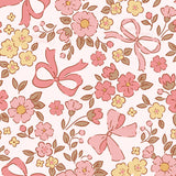 The image is a repeating pattern of pink flowers with yellow centers, along with pink bows.