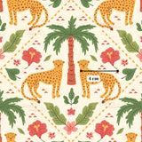 The image is a repeating pattern featuring leopards, palm trees, flowers, and leaves in a tropical setting.