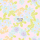 The image is a vibrant and colorful floral pattern with various shades of blue, yellow, and pink flowers and leaves. The pattern is spread across a pink background, creating a visually appealing and lively design.
