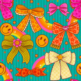 The image is a vibrant and whimsical pattern featuring a variety of bows and smiles, including polka dots, stripes, and stars, all set against a teal background with a rainbow and stars.