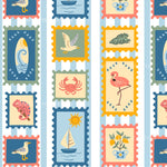 The image is a repeating pattern of various colorful postage stamps featuring different sea-themed illustrations, such as a seagull, a flamingo, a crab, a sailboat, and a fish.