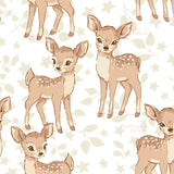 a repeating pattern of cartoon-style deer illustrations against a white background with leaves and stars.