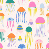 a repeating pattern of various colorful jellyfish silhouettes against a light background.