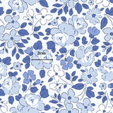 The image is a repeating pattern of blue flowers and leaves, with a scale of 2 cm indicated in the center.