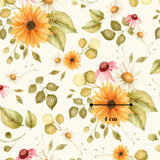 The image is a repeating pattern of various flowers and leaves, including sunflowers and daisies, against a white background.