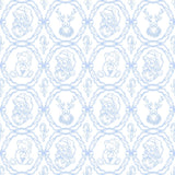 a repeating pattern of Santa Claus, reindeer, and other Christmas-themed characters and objects, all framed within decorative blue borders.