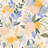 The image is a vibrant and colorful floral pattern featuring various types of flowers and leaves in shades of yellow, blue, and green.