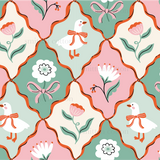 a pattern of birds and flowers on a pink and green background