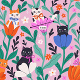 The image is a vibrant and whimsical pattern featuring cats and flowers in various colors, including orange, pink, blue, and green. The cats are depicted in different poses, surrounded by the lush foliage and flowers, creating a lively and playful atmosphere.