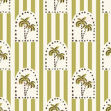 a repeating pattern of green and white stripes with palm tree silhouettes in the center.